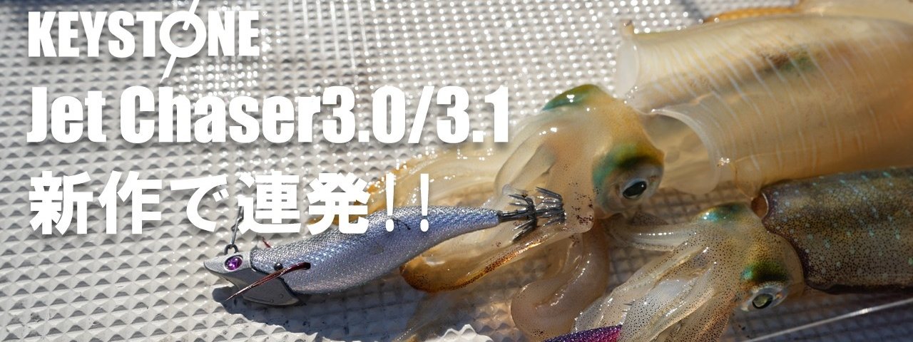 動画「【ティップラン】ジェットチェイサーに新サイズ登場！」のサムネイル。新作のジェットチェイサー3.0号・3.1号と、釣れたアオリイカ。YouTube で開きます。