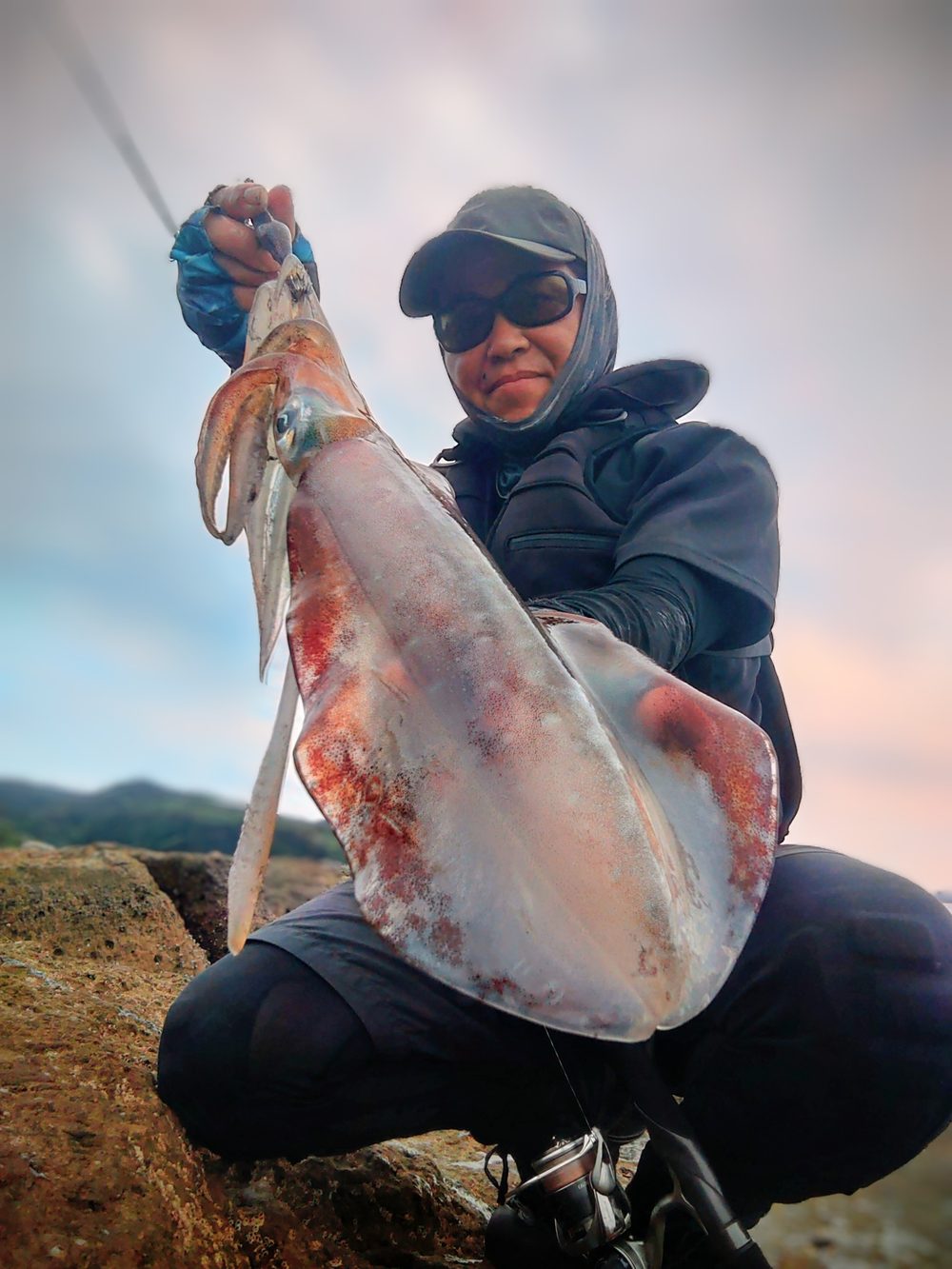 夕暮れの磯で釣り上げた良型のアオリイカ
