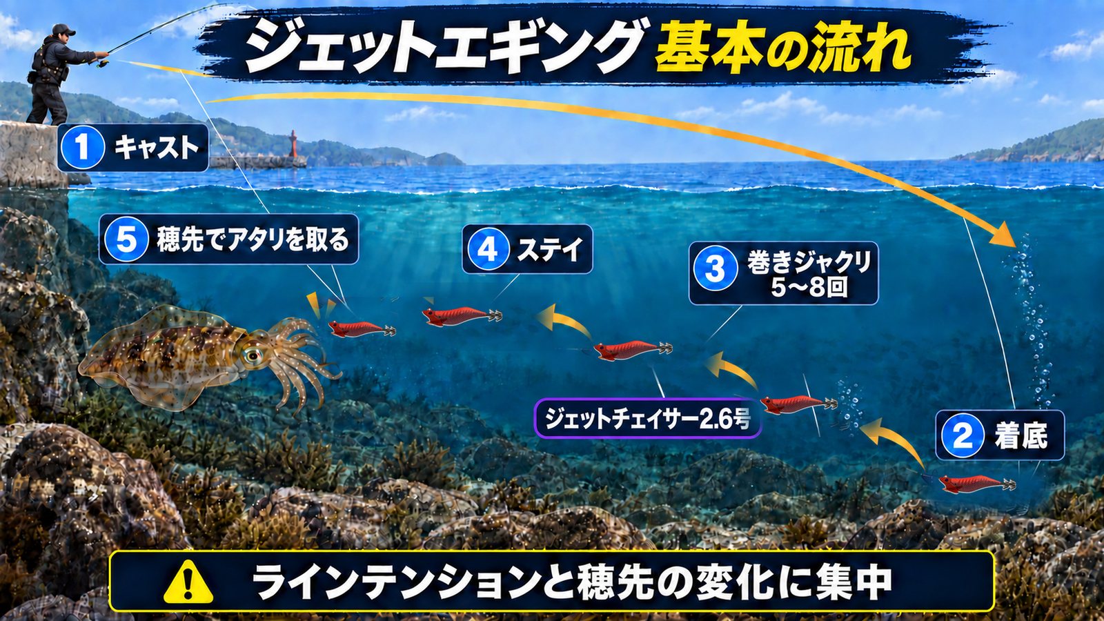 ジェットチェイサーを使ったショアティップランの基本操作。キャスト、着底、巻きジャクリ、ステイ、穂先でアタリを取るまでの流れ